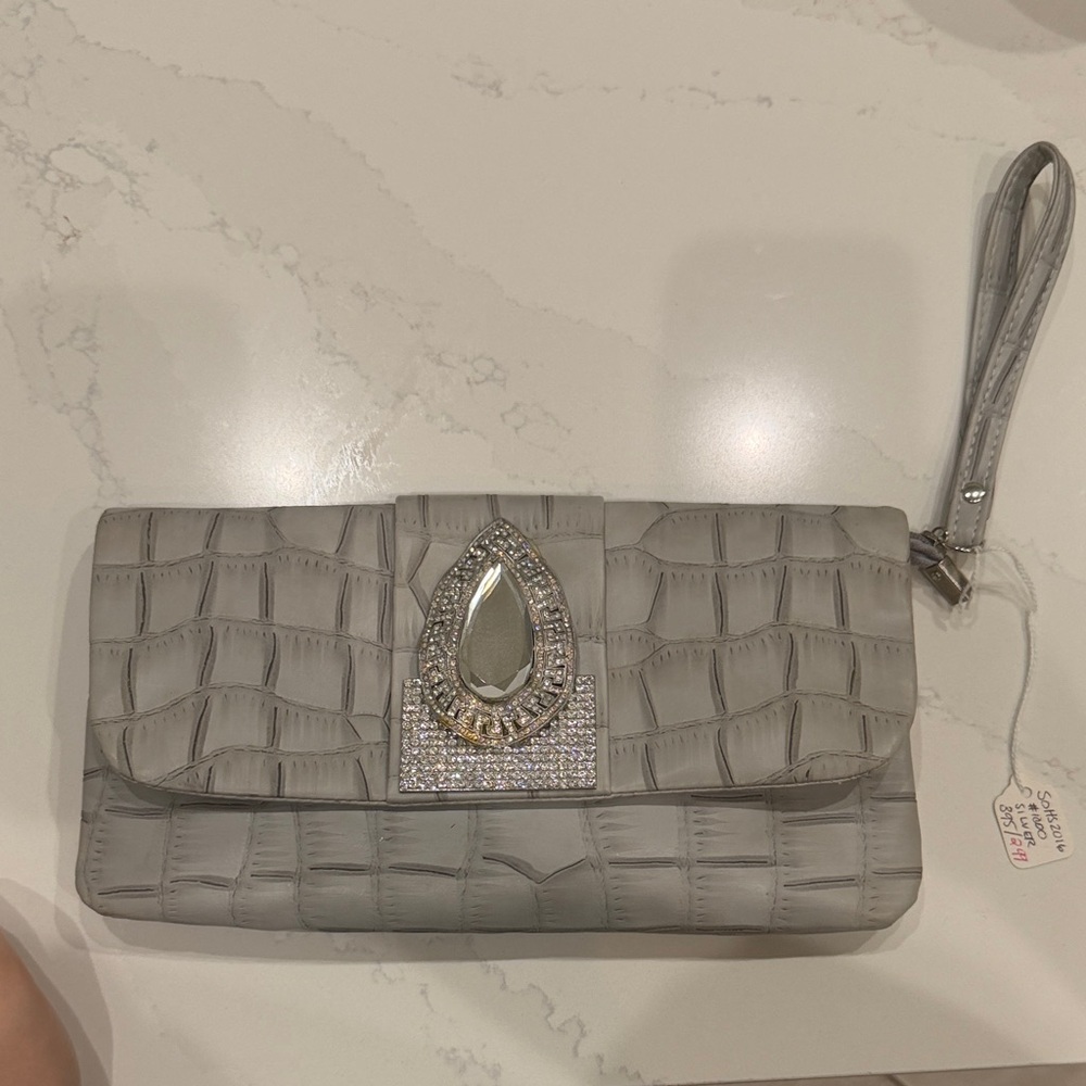 Elegant Gray Clutch with Crystal Accent